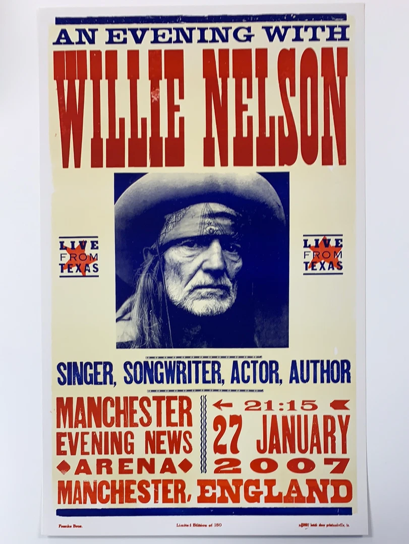 Willie Nelson - 2007 Hatch Show Print 1/27 Poster Manchester, England Gig Posters