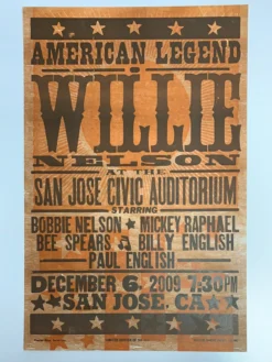 Willie Nelson - 2009 Hatch Show Print 12/6 Poster San Jose, CA