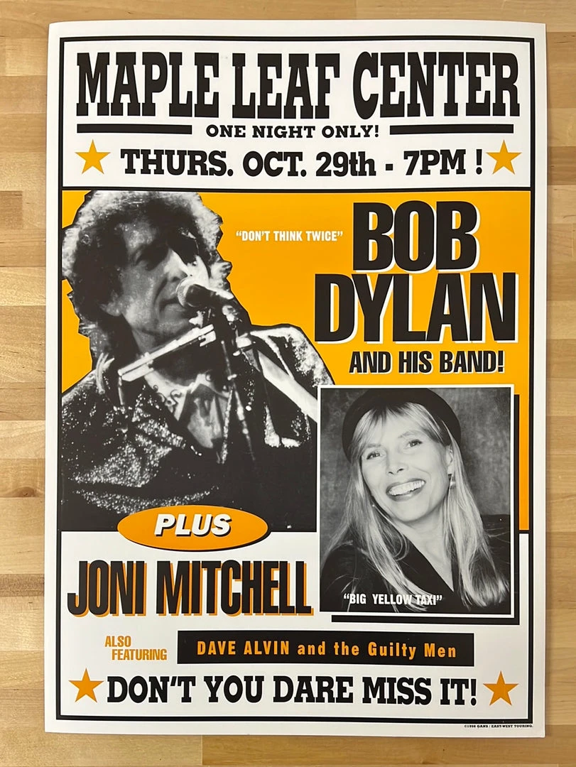 Bob Dylan - 1998 Geoff Gans Poster Wallingford, VT Joni Mitchell Gig Posters